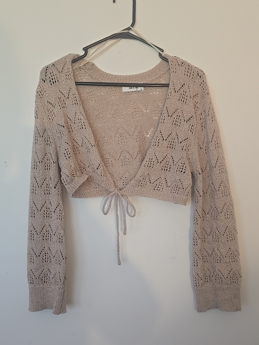 Sadie & Sage Beige Open-Knit Tie-Front Cropped Cardigan